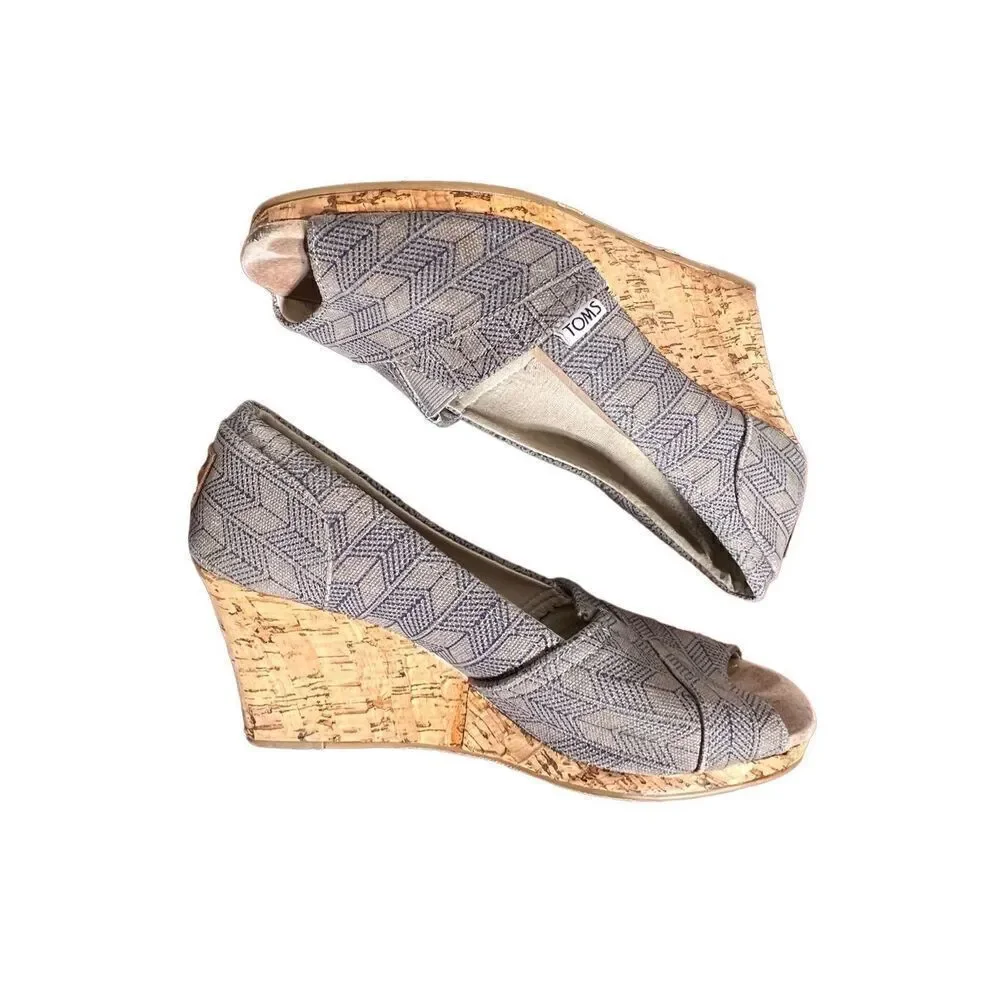 Toms Espadrille Peep Toe Grey Canvas Cork Wedge Size 8.5